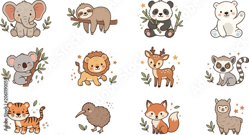 Photography Cute Baby Animal Cartoon Collection Featuring Elephant Sloth Panda Polar Bear Ko