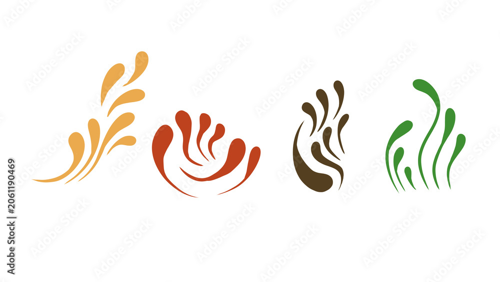 Obraz premium Abstract vector splash elements set in earthy green, orange, and brown tones, ideal for modern nature-inspired designs and decorative backgrounds.