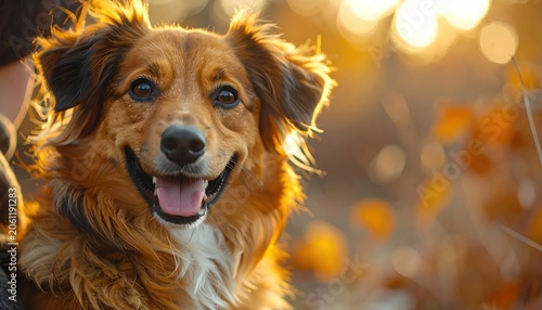 Smiling dog portrait in warm golden hour light.