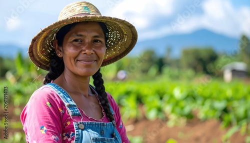 Smiling female farmer in straw hat at organic field.