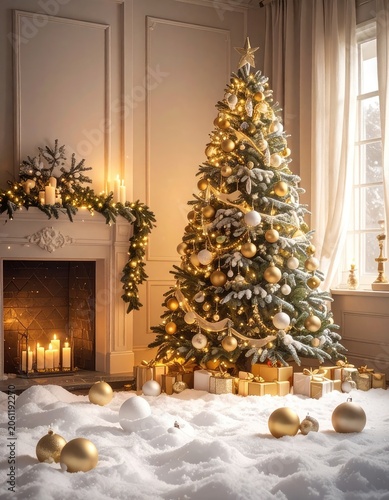 A festive Christmas scene with a decorated tree, fireplace, and gifts surrounded by snow.