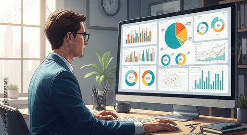 Business analyzing colorful infographic charts on computer screen business attire glasses