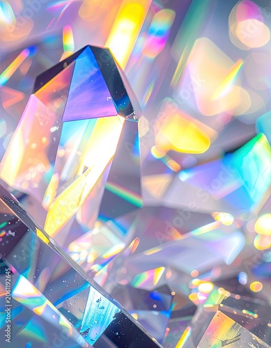 Close-up view of a faceted gemstone reflecting rainbow light.
