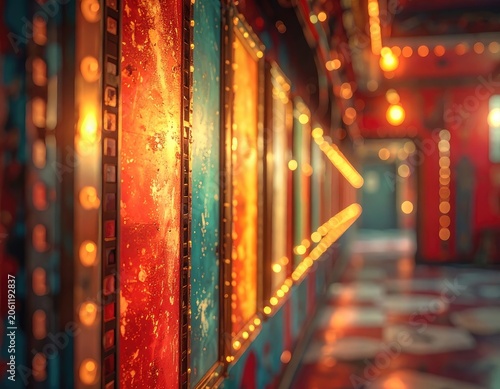 Vibrant, illuminated corridor with artistic panels and bokeh lights.