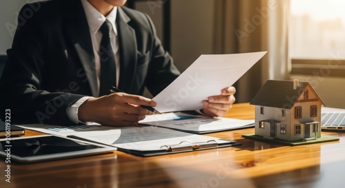 Businessman reviewing financial documents with miniature house model on wooden desk suit