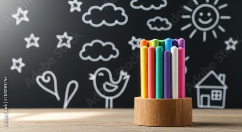 Colorful chalk sticks arranged in a glass vase with doodles and stars on wooden surface