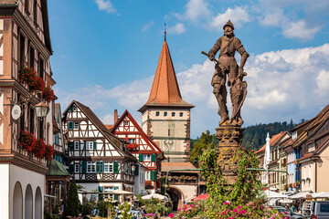 Germany, Baden-Wurttemberg, Gengenbach, Statue on top of Rohrbrunnen fountain