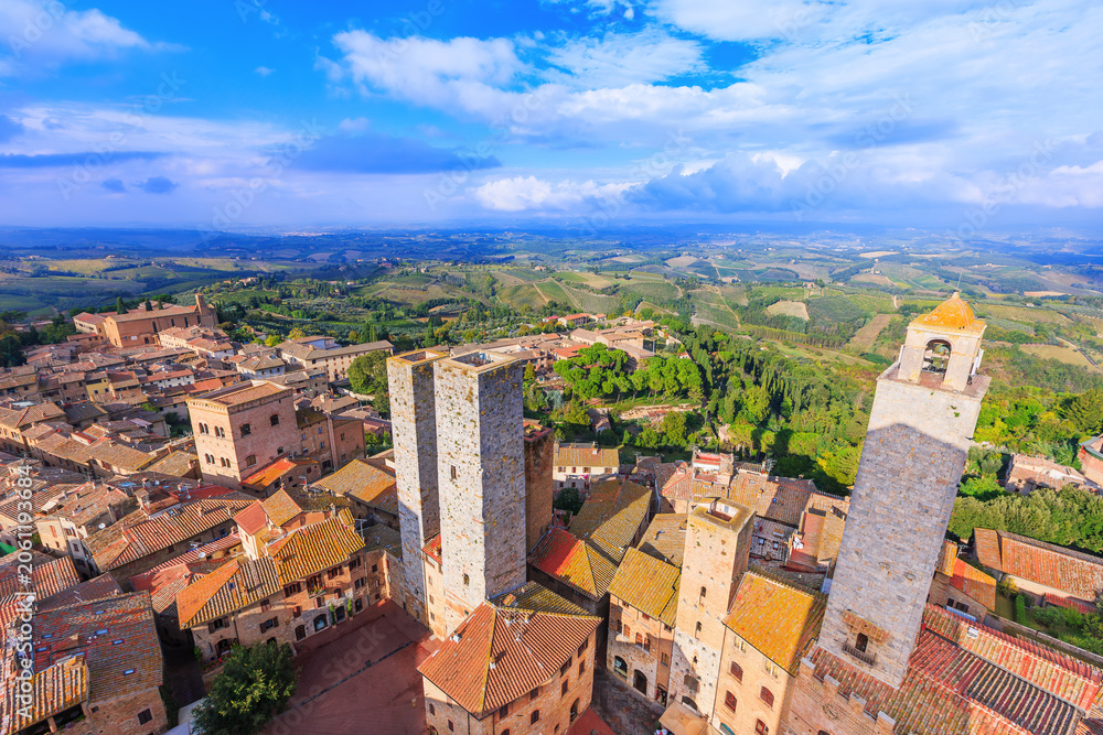 Naklejka premium San Gimignano, Italy, province of Siena. Aerial view of the medieval town in Tuscany.
