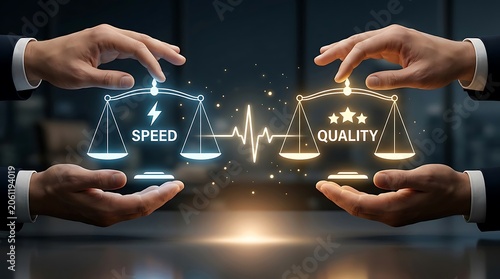Hands balancing digital scales comparing speed versus quality, representing business strategy and decision making in a modern context.