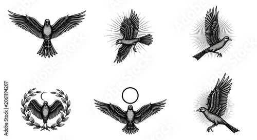 Vintage Bird Tattoos and Illustrations - Set of 6 Black and White Designs