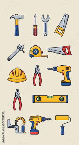 Collection of illustrated construction and DIY tools, flat design style