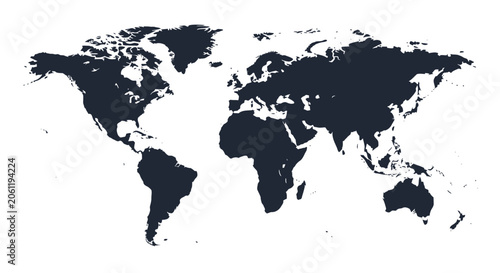Dark blue world map silhouette on white background. Global geography, continents outline.