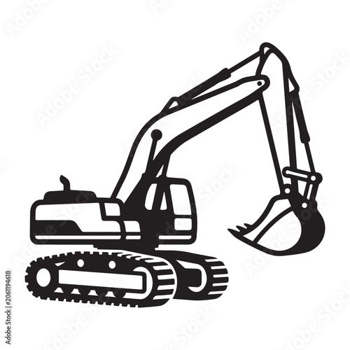Heavy duty excavator machine with hydraulic arm and bucket, black and white vector illustration of construction vehicle.