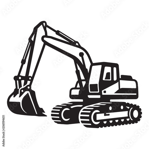 Modern excavator machine with long arm and large bucket, black and white vector illustration for construction industry.