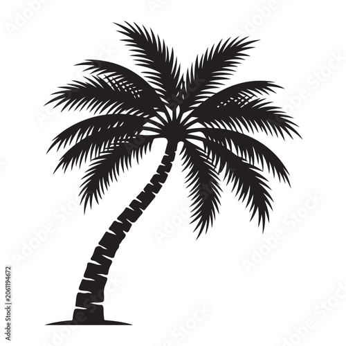 Curved tropical palm tree silhouette with long fronds, black and white vector illustration of a warm climate plant.