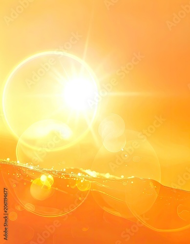 Bright sun shining over a liquid surface with reflections and bubbles.