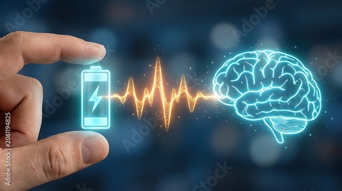 Human finger touches glowing battery icon, transferring energy via waveform to luminous brain symbol on dark bokeh background.