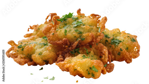 Obraz na plátně Golden crispy fritters with fresh parsley, isolated on transparent background