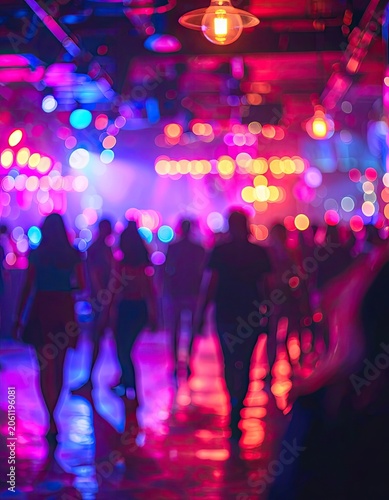 Silhouettes of people walking in a vibrant, bokeh-lit nightclub with neon pink and blue lights.