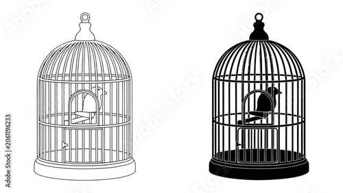Fotografi Bird in a Cage: A stark illustration contrasts the outline of an empty birdcage with a silhouette of a bird enclosed within its bars, symbolizing confinement and freedom