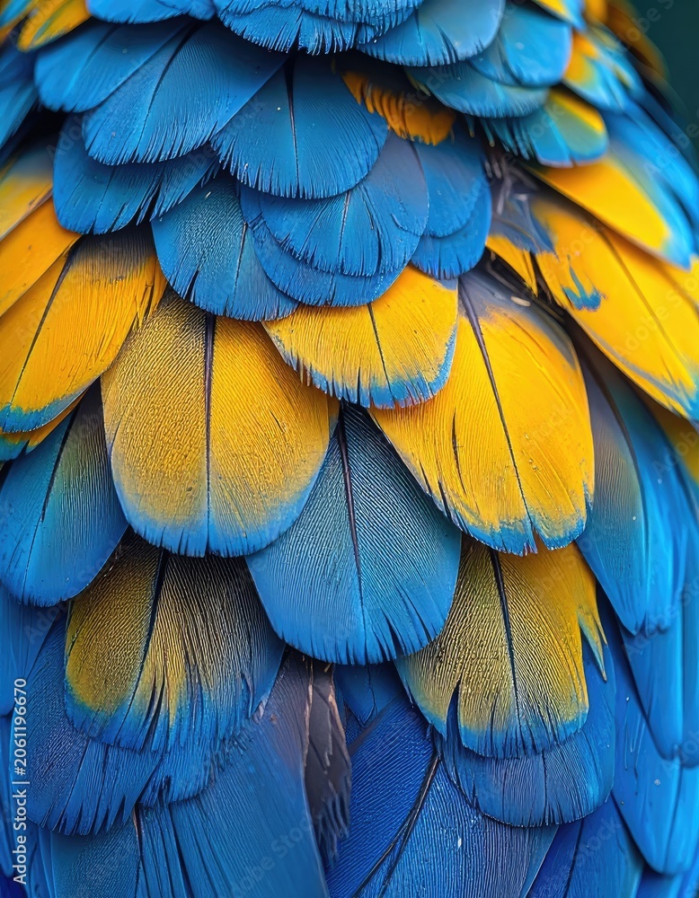 Obraz premium Close-up texture of vibrant blue and yellow macaw feathers.