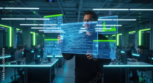 Software developer analyzing holographic data projections in dark office computer screens