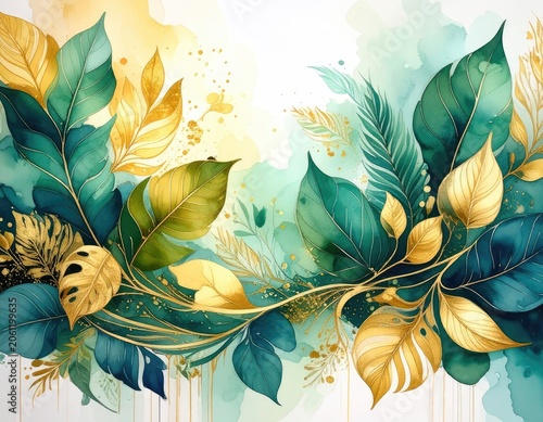 Abstract watercolor painting of lush green and golden leaves with splashes of color.