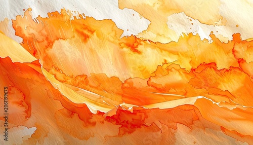 Vibrant orange and yellow abstract watercolor washes create a dynamic and fluid composition.