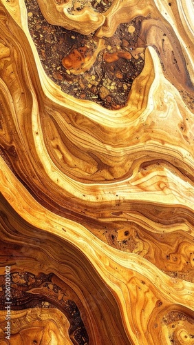 Abstract swirls of golden wood grain with earthy brown inclusions.