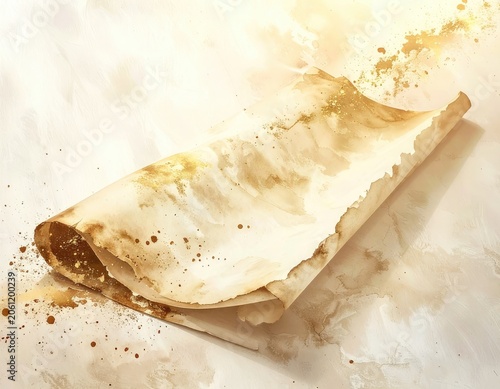 A weathered scroll with gold accents on a textured background.
