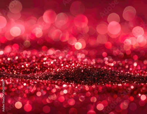A vibrant red bokeh background with scattered glitter.