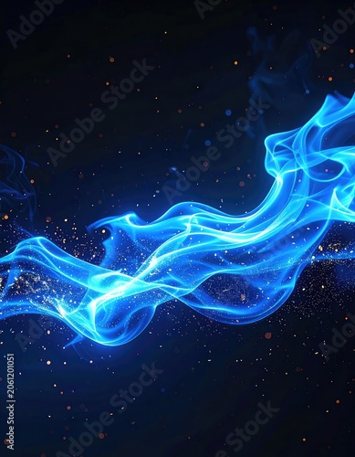 Ethereal blue flames dance with golden sparks against a dark background.