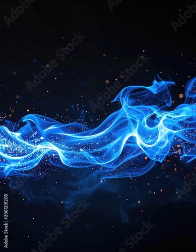 Flowing blue energy waves with glowing particles on a dark background