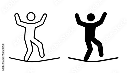Slacklining minimalist icon, in outline and silhouette design, for activity or sport symbol