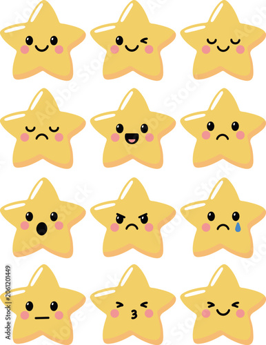 Kids vector illustration of golden star characters pack. Minimalist flat yellow star emoticons with funny faces for school ranking, achievement badges, and nursery decor.
