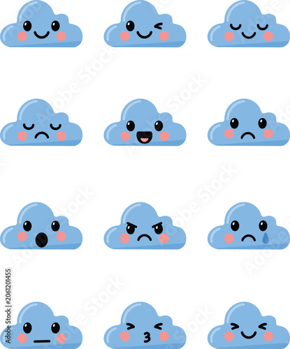 Kids vector illustration of cute sky cloud characters pack. Minimalist flat blue emoticons with funny faces for school materials, weather reports, and baby shower decorations.