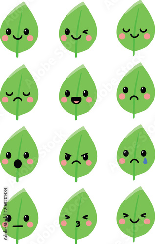 Kids vector illustration of eco leaf characters pack. Minimalist flat green foliage emoticons with funny faces for school materials, environmental education, and baby shower decorations.