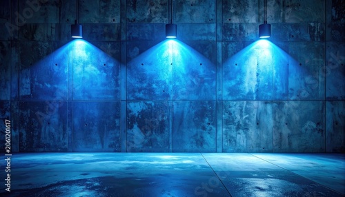Three blue spotlights illuminate a textured concrete wall and floor.