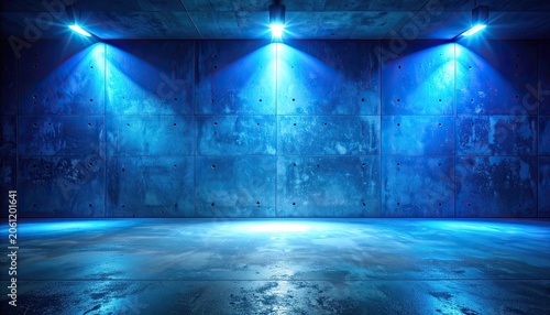 A dimly lit concrete room illuminated by bright blue overhead lights.