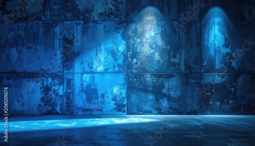 Textured concrete wall illuminated by blue spotlights in a dimly lit room.