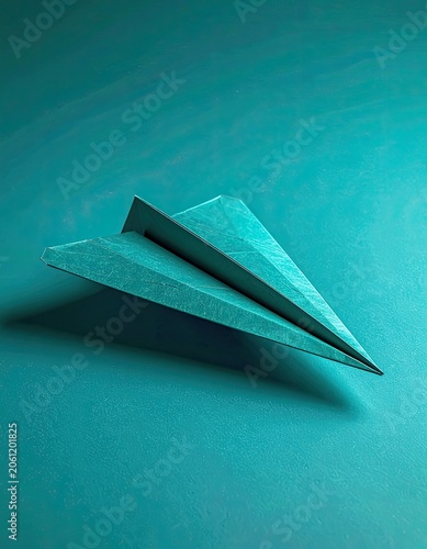 A teal paper airplane rests on a textured teal surface, casting a subtle shadow.
