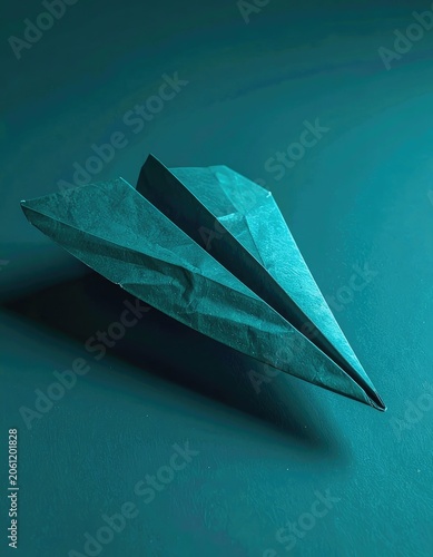 A teal origami paper airplane rests on a teal surface.