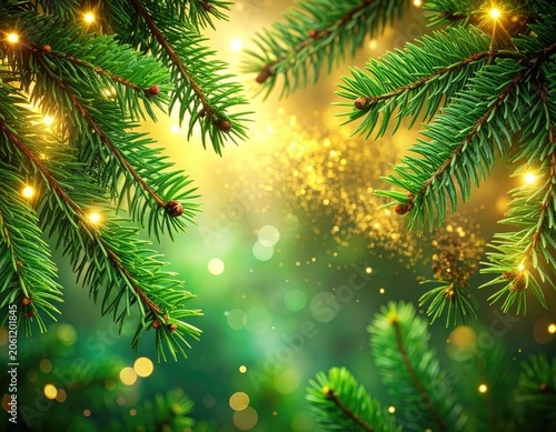 Close-up of green pine branches adorned with golden fairy lights against a bokeh background.