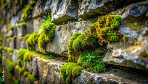 A close-up view of a stone wall covered in lush green moss.