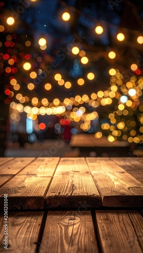 A rustic wooden table in the foreground with a blurred background of festive string lights.