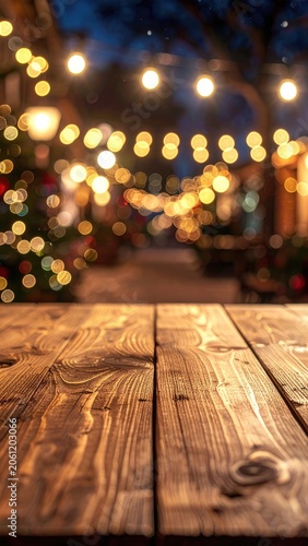 A rustic wooden table in the foreground with a bokeh background of twinkling lights.