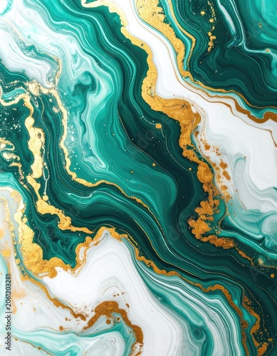 Abstract green and gold marble texture background with swirling patterns.