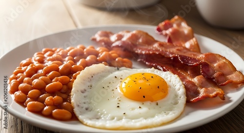 Fried egg with bacon and beans on a white plate for a hearty meal
