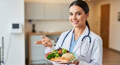 Female doctor holding healthy food plate.