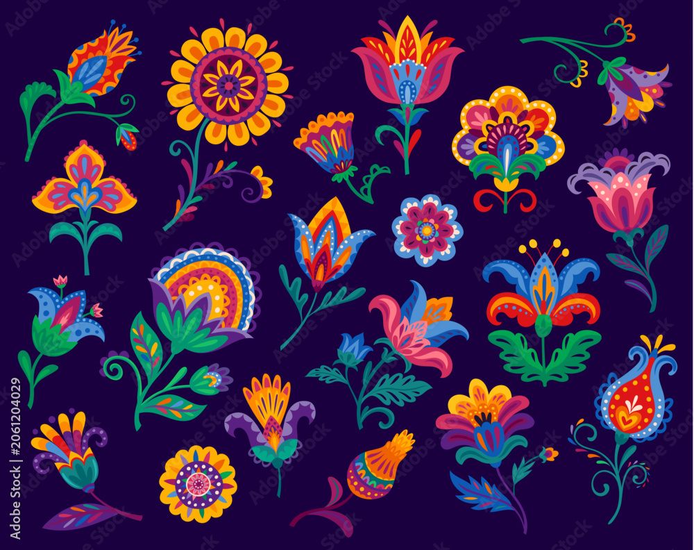 Fototapeta premium Mexican flowers and plants with ornament patterns. Vector floral designs feature folk embroidery motifs and ethnic decorative elements for fiesta graphics, Latin celebration and Mexican party
